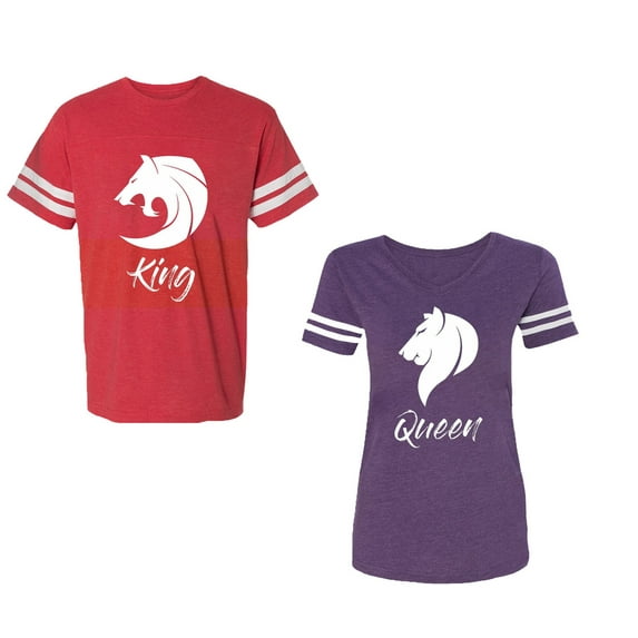 Tiger King Queen Unisex Couple Matching Cotton Jersey style T-Shirt Contrasting stripes on sleeves (Men Red / Women Purple) (Men M / Women M)