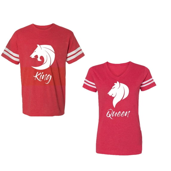 Tiger King Queen Unisex Couple Matching Cotton Jersey style T-Shirt Contrasting stripes on sleeves (Men Red / Women Red) (Men L / Women XXL)