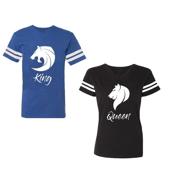 Tiger King Queen Unisex Couple Matching Cotton Jersey style T-Shirt Contrasting stripes on sleeves (Men Royal / Women Black) (Men L / Women XL)