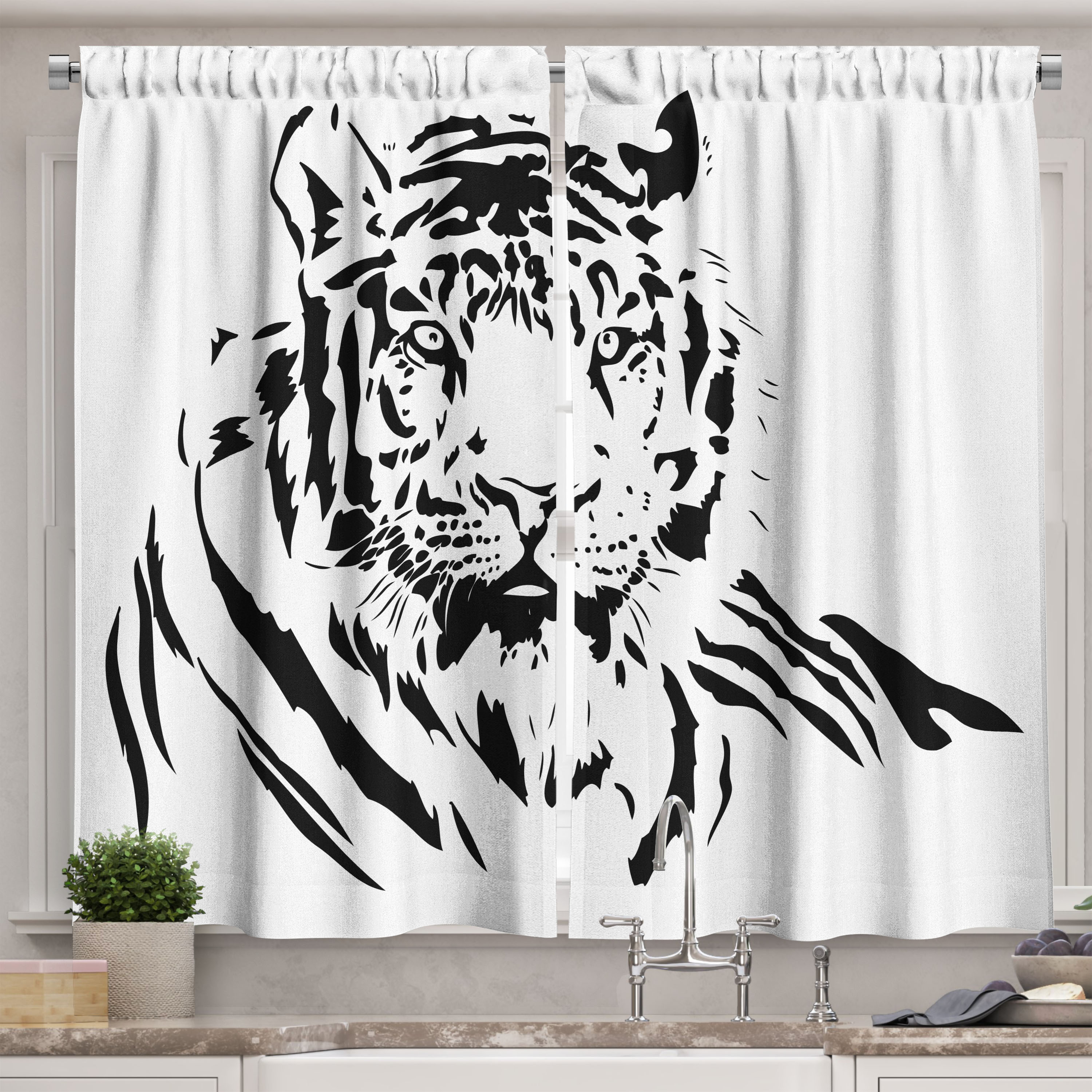 Tiger Kitchen Curtains, Black Stripes of a Large Hunter Cat Nature