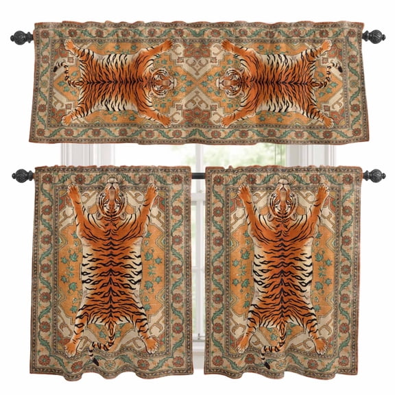 Tiger Kitchen Curtains Set for Windows, Bohemian Modern Animal Print Orange Floral Texture Curtains Valance and Tier 3 Piece Set Small Drapes 24 Inch Length for Kitchen Bedroom Decor