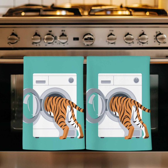 Tiger Kitchen Towels Set of 3, Teal Laundry Room Washing Machine Absorbent Dish Towels for Kitchen, Microfiber Hand Towel, Quick Drying Tea Towel for Cleaning Decorative Dishcloths
