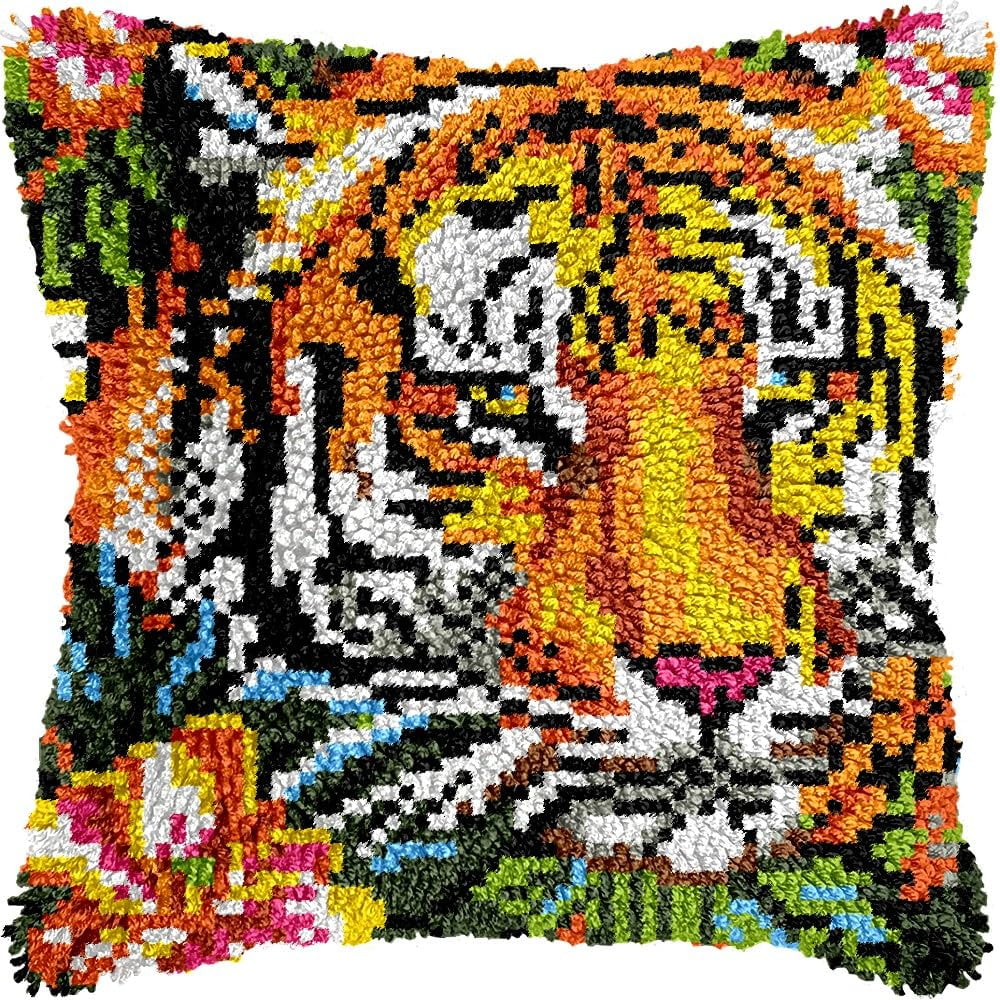 Tiger Latch Hook Pillow Kits for DIY Throw Pillow Cushion Embroidery Latch Hooking Pillowcase Kits with Preprinted Canvas Crochet Yarn Kits for Home Decor 17''X 17''(d257)