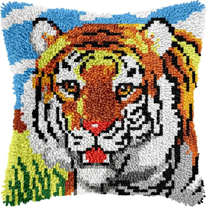 Tiger Latch Hook Pillow Kits Pillow Cover with Pattern Printed Canvas Crochet Cross Hooking Pillowcase Cushion Crafts Embroidery Latch Hooking Crochet Kits 17x17 inch(123)
