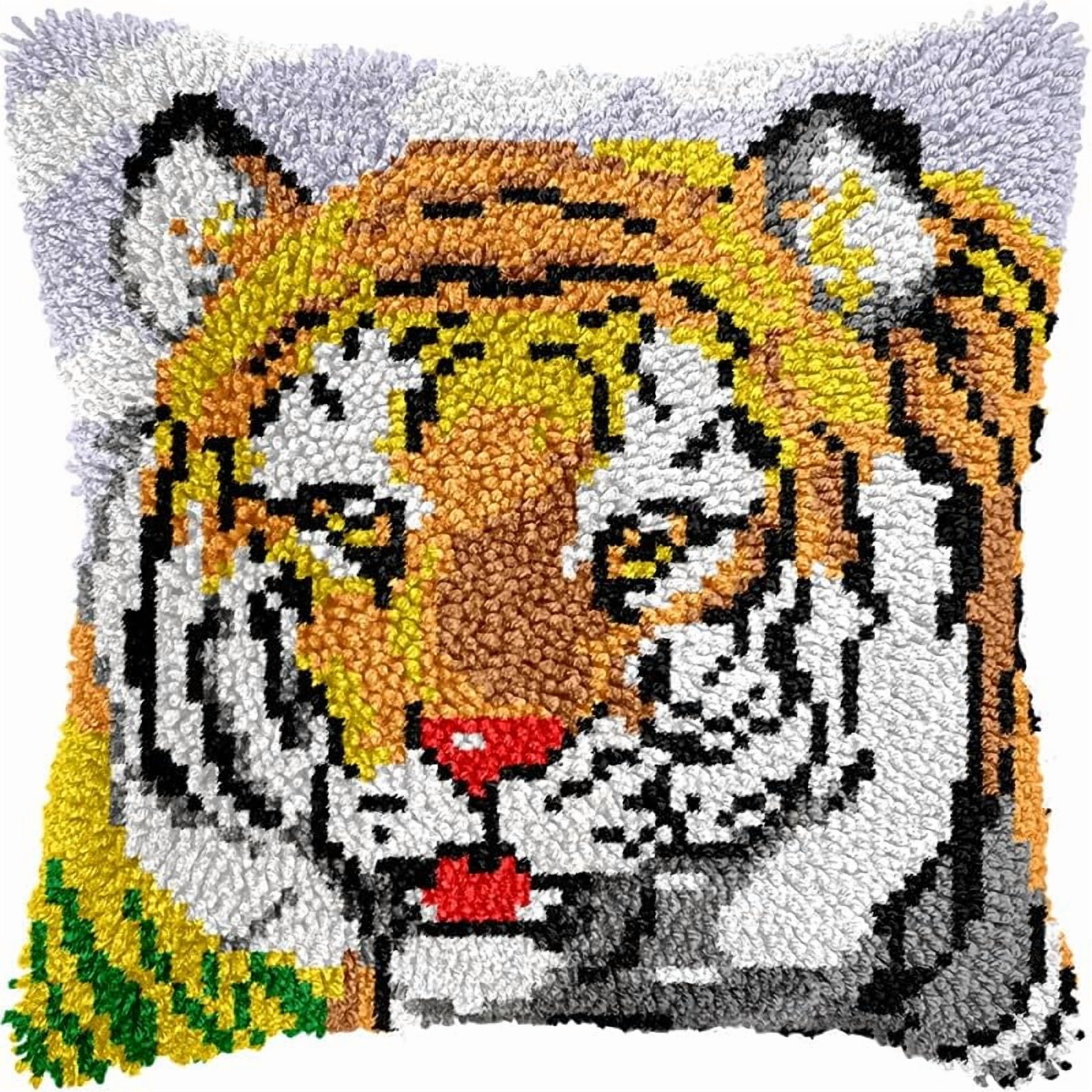 Tiger Latch Hook Pillow Kits Pillow Cover with Pattern Printed Canvas Crochet Cross Hooking Pillowcase Cushion Crafts Embroidery Latch Hooking Crochet Kits 17x17 inch(55)
