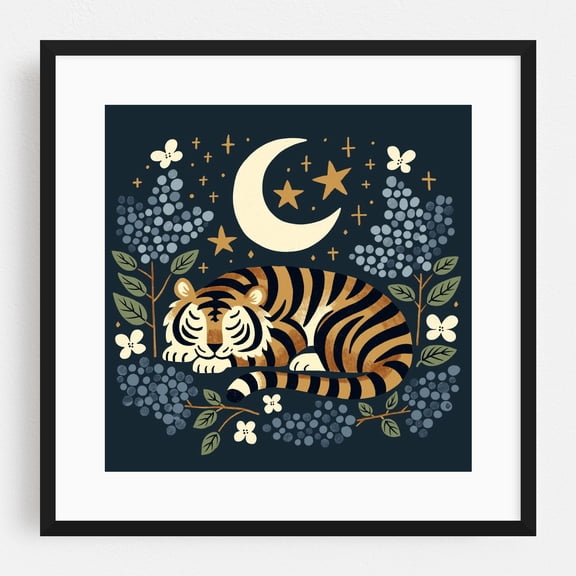 Tiger Lavender - Illustration Tiger Whimsical Night Sky Moon Animal Stars Black Framed Wall Art Print 20 x 20 inches