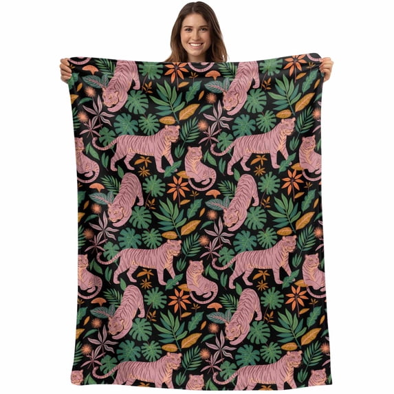 Tiger Leaves Blanket Soft Cozy Warm Throw Blanket for Couch, Plush Fuzzy Flannel Fleece Blankets for Sofa, Vintage Farmhouse Watercolor Animals Plants Bed Blankets Lightweight Gifts for Men, 32"x48"