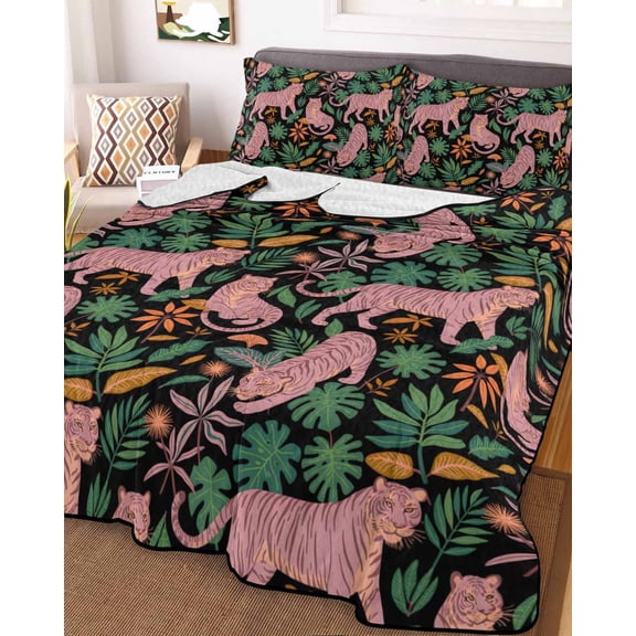 Tiger Leaves King Size Down Alternative Comforter,Lightweight Comforter Quilt Bedding Set with Pillow Shams Vintage Farmhouse Watercolor Animals Plants All Seasons Bed Comforter Duvet Insert 96"x106"
