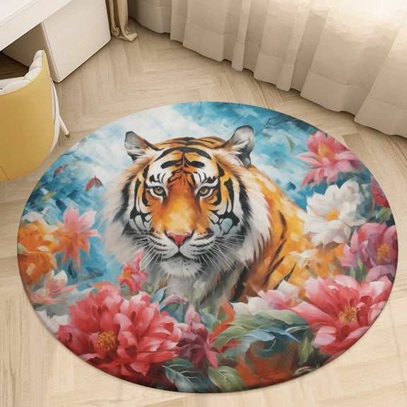 Tiger Leopard Green Leaf Round Area Rugs for Bedroom Living Room, 3FT Soft Indoor Circle Carpets, Carpet Home Decor Floor Mat