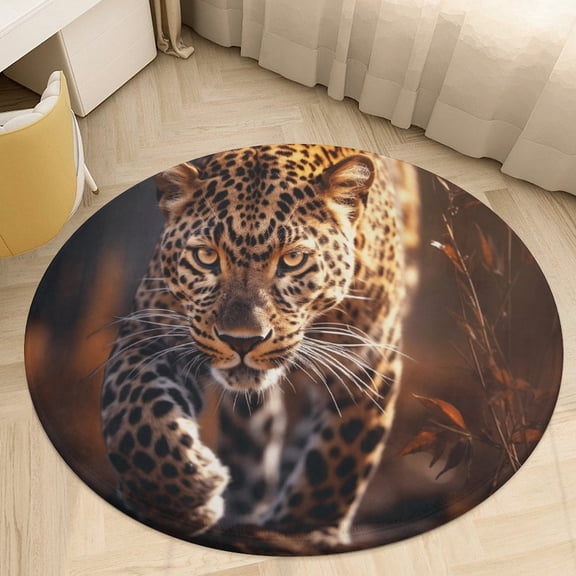 Tiger Leopard Green Leaf Round Area Rugs for Bedroom Living Room, 3FT Soft Indoor Circle Carpets, Carpet Home Decor Floor Mat