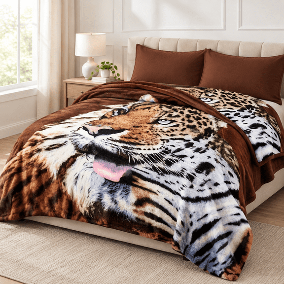 Tiger/Leopard King Size Soft Reversible Polyester Bed Blanket