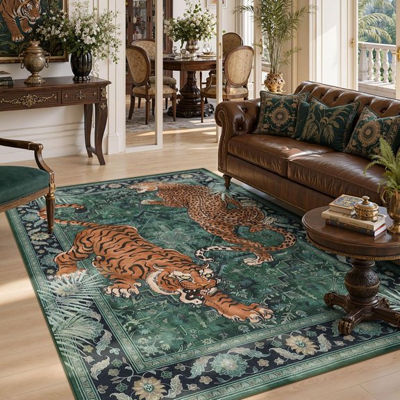 Tiger Leopard Print Green Area Rug, Animal Washable Living Room Bedroom Rug