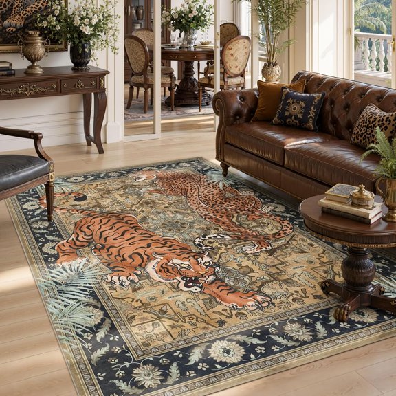 Tiger Leopard Print Green Area Rug, Animal Washable Living Room Bedroom Rug