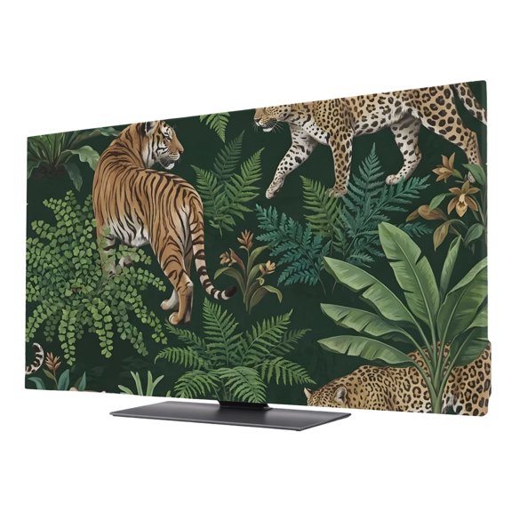 Tiger Leopard Tropical TV Cover for 24 Inch Screen, Stretch Fabric Dustproof TV Display Protector, Palm Leaves Summer Green Elastic Slipcover Monitor Cover for Indoor Desktop Computer 20.9"x11.8"