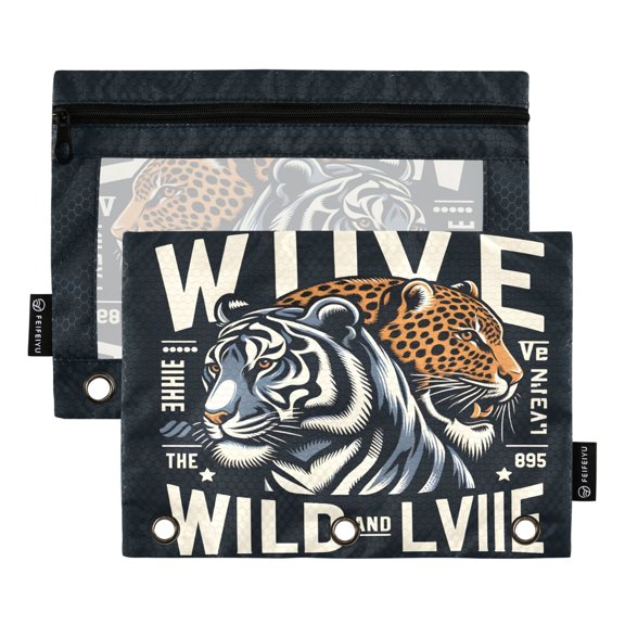 Tiger Leopard Wildlife 2 Pack Pencil Pouch for 3 Ring Binder Smooth Zipper Folders with Pockets Clear Window Pencil Case