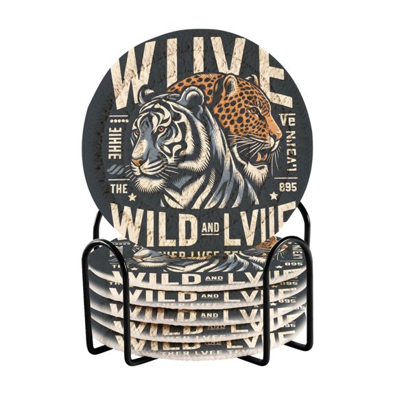 Tiger Leopard Wildlife 6 Pcs Drink Coasters with Holder Absorbent Coasters Woven Coasters for Drinks Table Desk Protection Home Decor