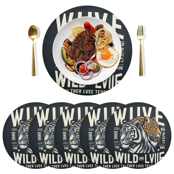 Tiger Leopard Wildlife Black Round Placemats Plate Mats 15 Inch Non-Slip Heat Resistant Washable PVC Set Indoor for Kitchen Dining Table 1PC