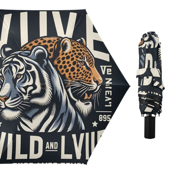 Tiger Leopard Wildlife Compact Sun Umbrella Windproof Travel Umbrellas for Rain Strong Portable UV Protection