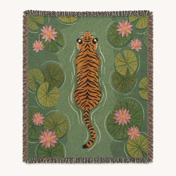 Tiger Lily Pond Woven Cotton Throw Blanket | Fringe Edges | 3 Sizes | Made in USA