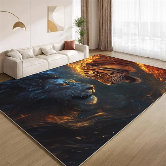 Tiger Lion Area Rugs, Ice Fire Animal Pattern Carpet, Washable Non Slip Low Pile Soft Rug for Living Room Bedroom Entryway Decor Mat 2ftx3ft