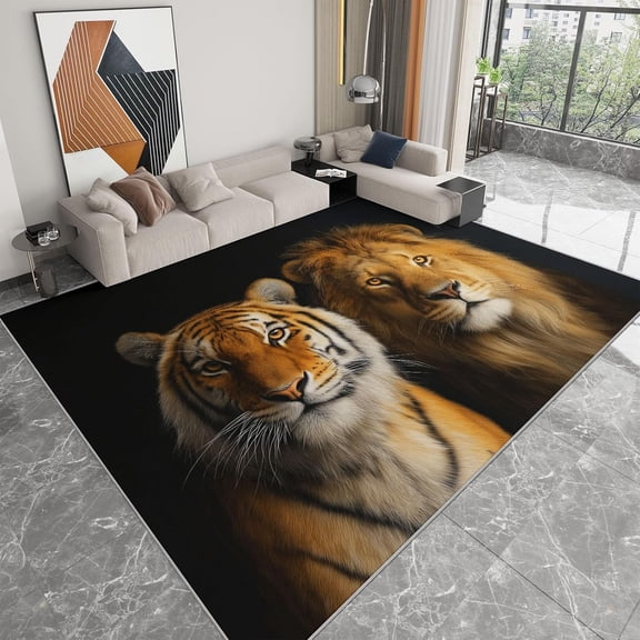 Tiger Lion Area Rugs, Surreal Animal Tiger Lions Carpet, Washable Non Slip Low Pile Soft Rug for Living Room Dining Room Entryway Decor Mat 2x3ft