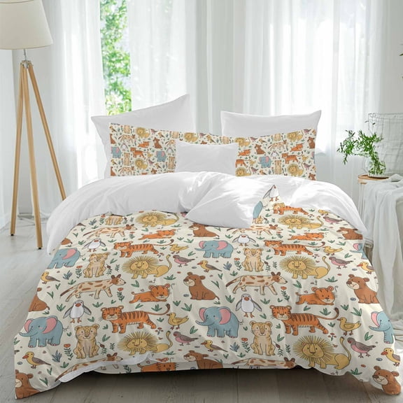 Tiger Lion Full Size Comforter Set, Elephant Bird Penguins Cartoon Animal Modern Bedding for All Seasons, 4 Pcs Bed Set, 1Quiltcover (86"x86") ,1Sheet(80"x116"), 2Pillowcases (30"x20")
