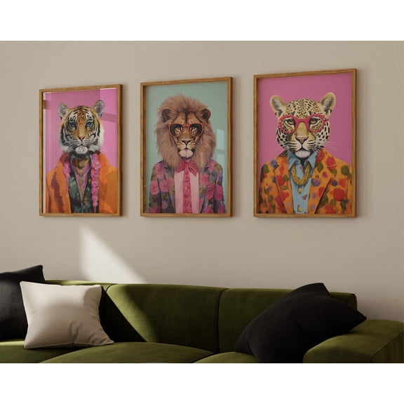 Tiger Lion Funky Print Dopamine Aesthetic Maximalist Decor Pink Orange Tiger Set 3 Unframed Paper Print 8x12