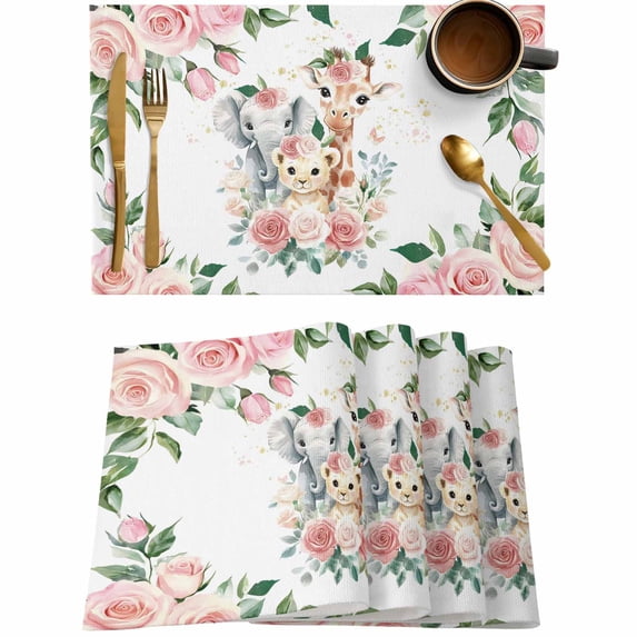 Tiger Lion Giraffe Pink Rose Floral Placemats Set of 4,Wipeable Washable Table Mats for Dining Tables,Green Leaves Flower Place Mats for Kitchen Event Party Tabletop Decor