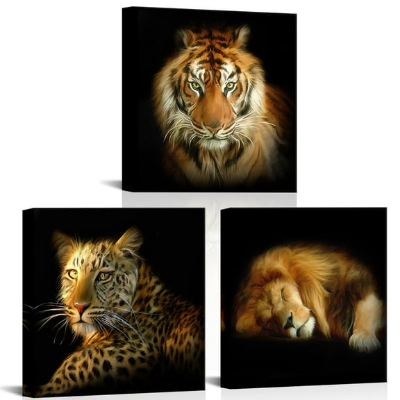 Tiger Lions Leopard Canvas Wall Art Modern Wild Animals Giclee Wall Decor Prints Pictures Posters Artwork Wood Framed and Stretched Painting Home Decoration Ready to Hang 12"x 12" x 3 Panels