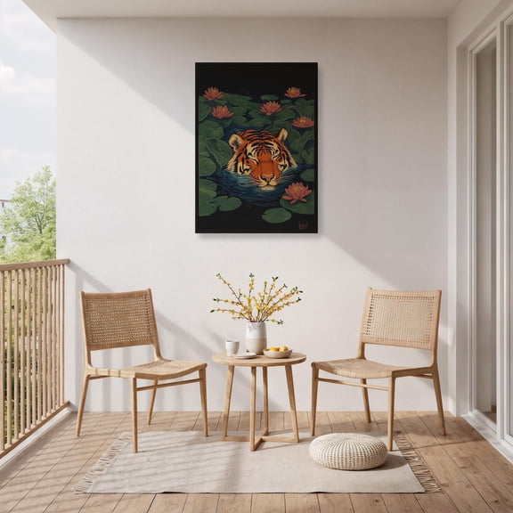 Tiger Lotus Pond Wall Art, Dark Jungle Zen Decor, Unframed Paper Print Size 8x12
