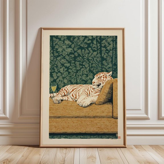 Tiger Lounge Green Beige Linocut Poster Unframed Paper Print
