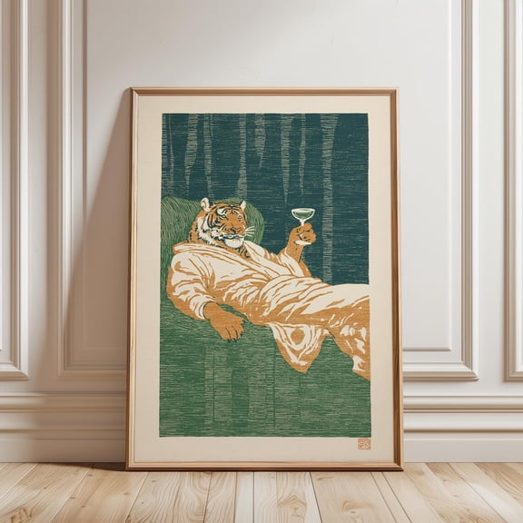 Tiger Lounge Green Cream Linocut Poster Unframed Paper Print