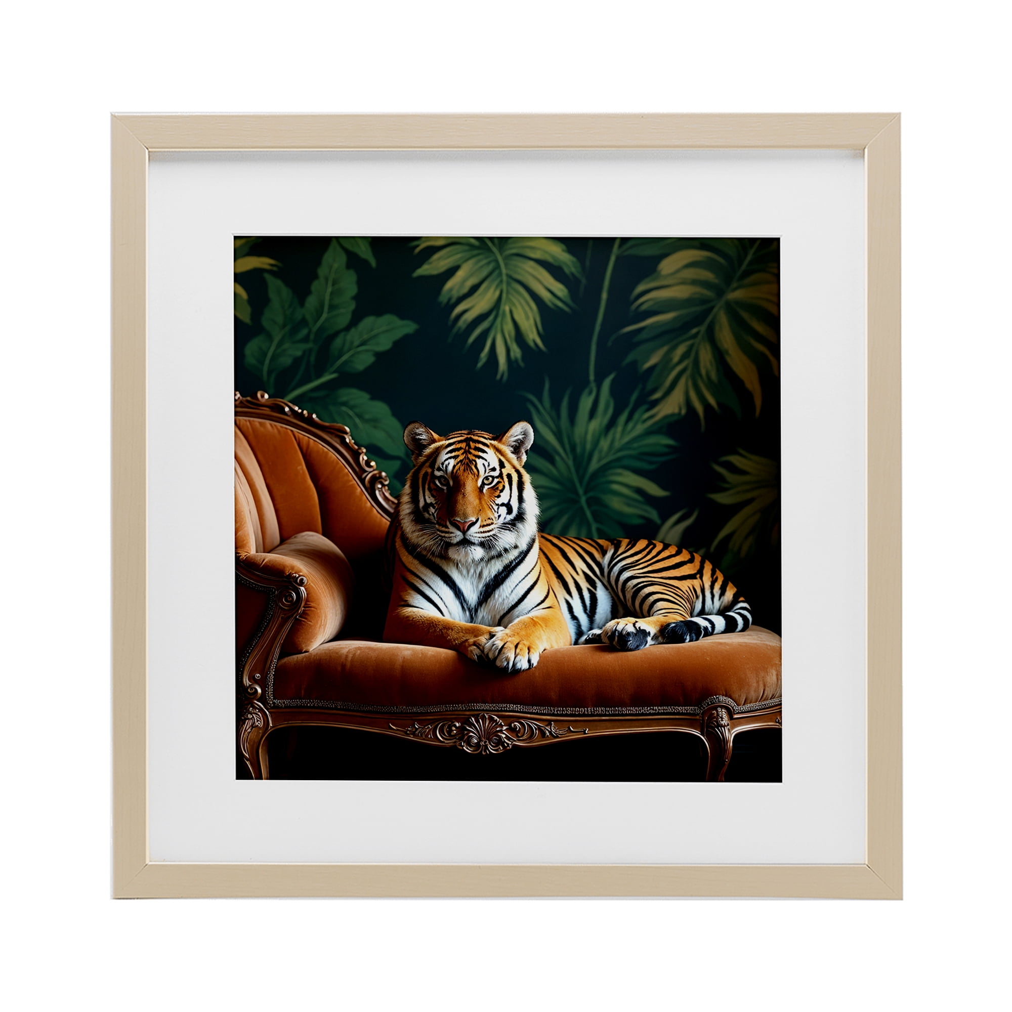 Tiger Lounging on Chaise Birch Framed Print Under Glass, design by Lettered and Lined
