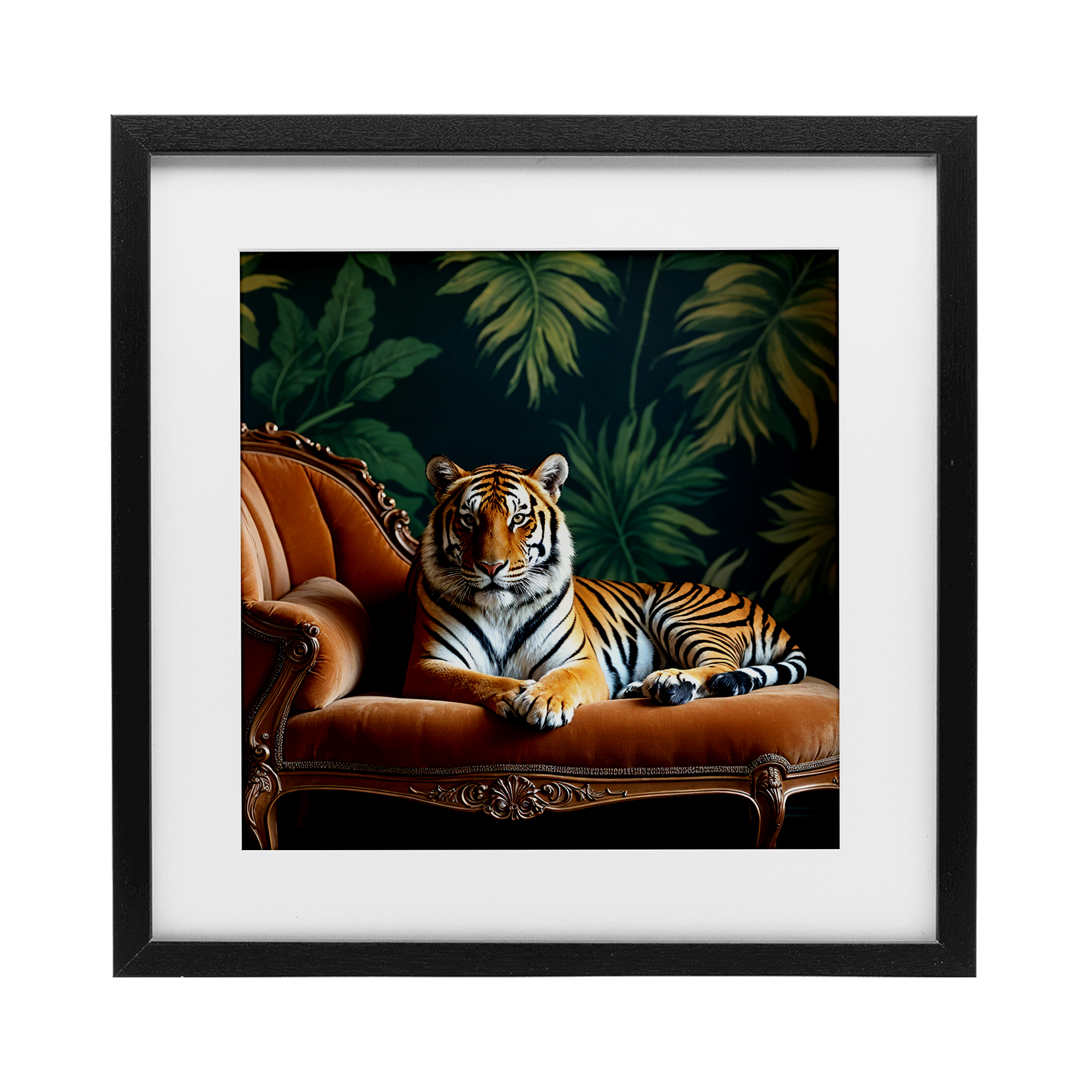 Tiger Lounging on Chaise Black Framed Print Under Glass, design by Lettered and Lined