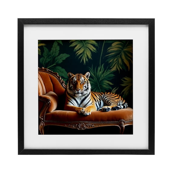 Stupell Industries Tropical Tiger Lounging on Chaise Black Framed Print Under Glass, 16 x 16, by Lettered and Lined