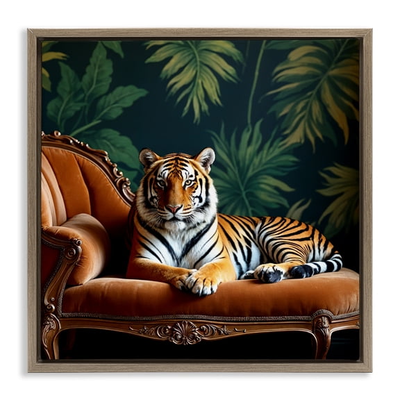 Tiger Lounging on Chaise Brown Framed Floater Canvas Wall Art, design by Lettered and Lined