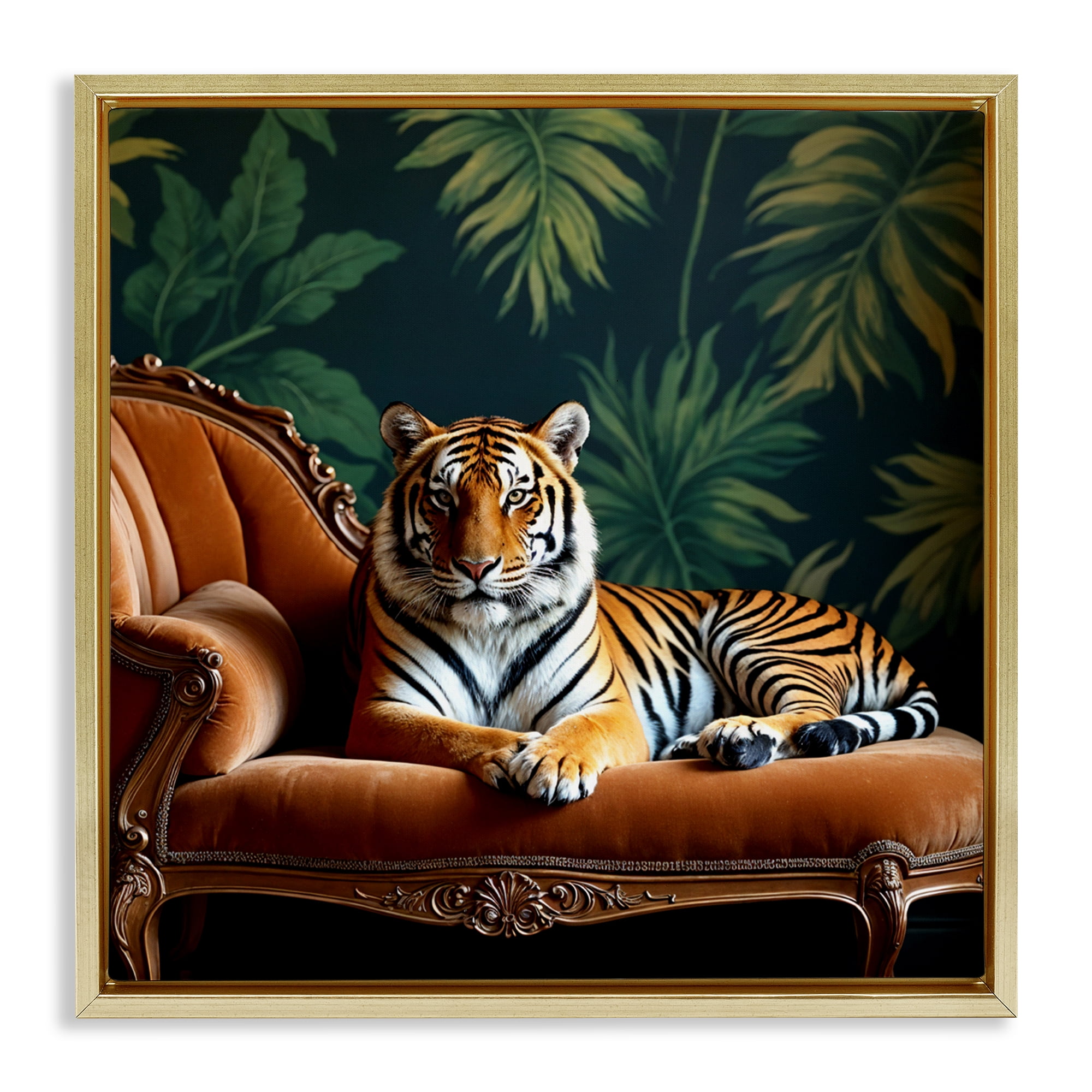 Tiger Lounging on Chaise Gold Framed Floater Canvas Wall Art, design by Lettered and Lined