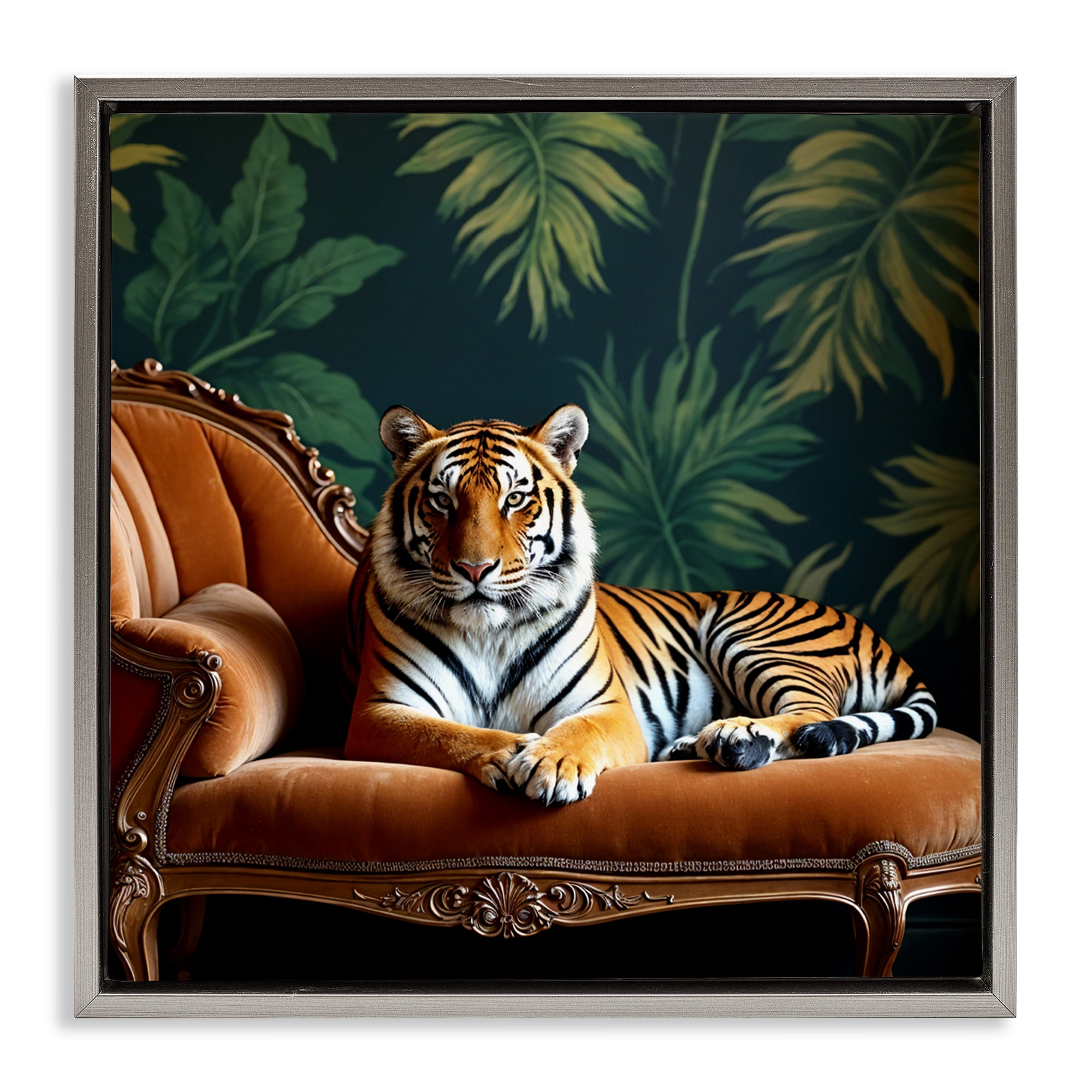 Tiger Lounging on Chaise Gray Framed Floater Canvas Wall Art, design by Lettered and Lined