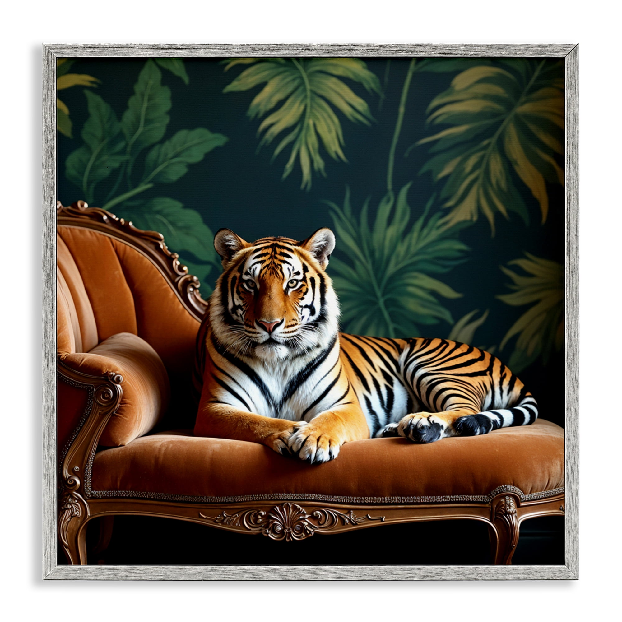Tiger Lounging on Chaise Gray Framed Giclee Art, design by Lettered and Lined