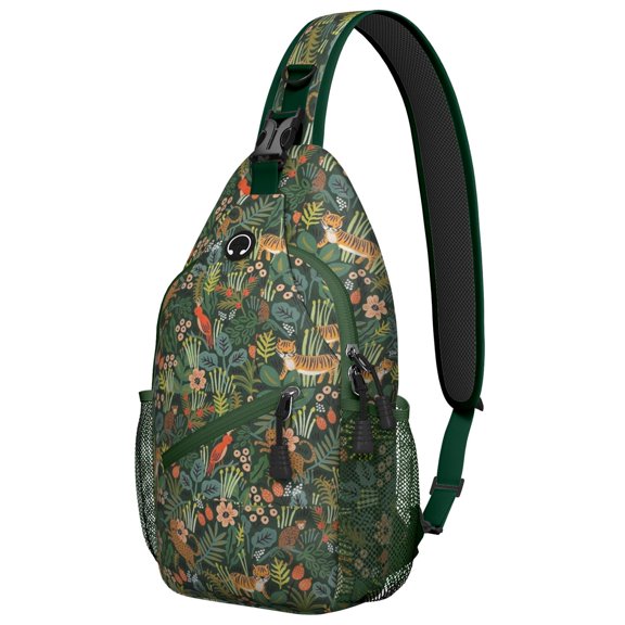 Tiger Lover Sling Backpack, Roaring Jungle Cat Print and Floral Artistic Design Crossbody Bag, Bold Bengal Pattern for Travel Outdoor