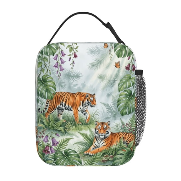 Tiger Lunch Bag Reusable Insulated Lunch Box , Modern Pattern Thermal Meal Prep Cooler With Buckle Strap And Side Pocket For Office And Commute