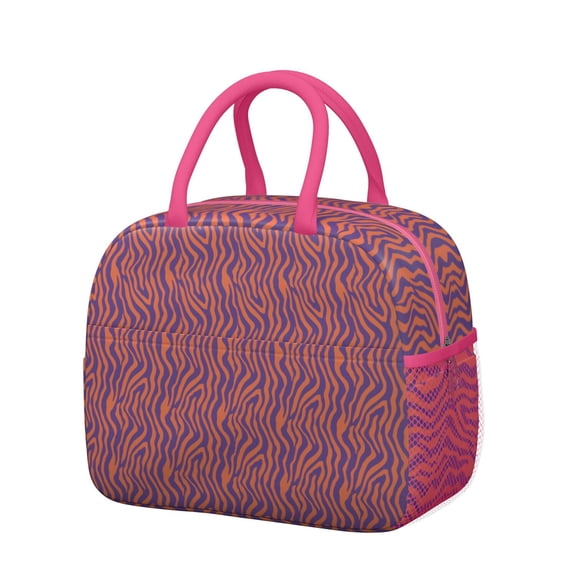 Tiger Lunch Bag for Women, Roaring Bengal Jungle Cat Print with Stripes and Floral Tribal Pattern, Artistic Wild Animal Design Reusable Insulated Cooler Tote for Work, Picnic, or Travel