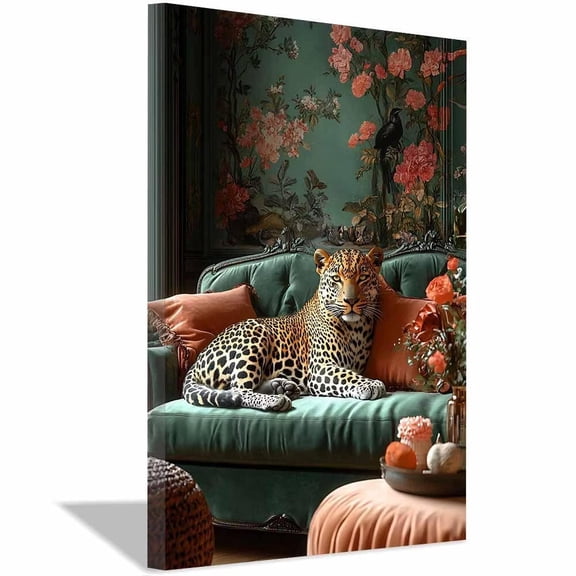 Tiger Lush Emerald Velvet Couch Floral Mural Canvas Art,Jungle Fauna Ornament Pictures match Dining Area Condo Living Space Ready to Hang-18"L x 12"W