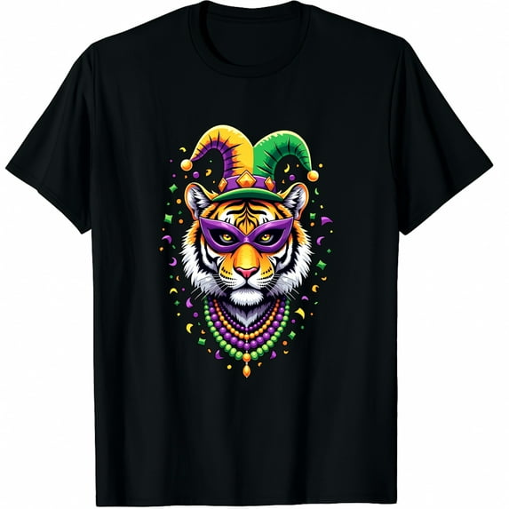 Tiger Mardi Gras Shirt Jester Animal Tiger Face Tiger Lover Graphic Crew Neck Short Sleeve T-Shirts (Men's, Women's)