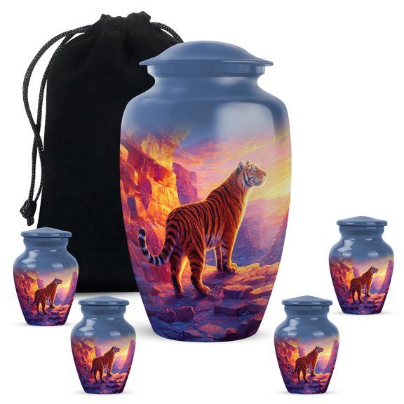Tiger Memorial Urn, Burial And Funeral Urns, Large Decorative Urn For Human Ashes, Cremation Urns For Male And Female Ash, 10 Inch with 3 Inch Mini Keepsakes, Blue and Orange, Multicolour, Set Of 4