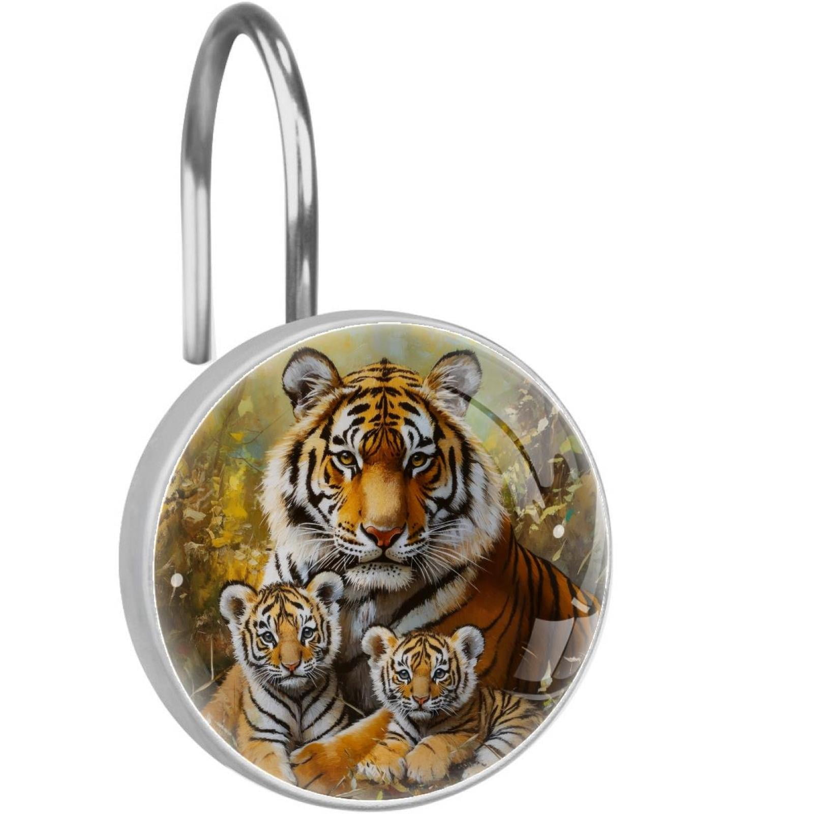 Tiger Mom and Baby Cubs Shower Curtain Hooks Round Crystal Glass, Set of 12 Shower Curtain Rings - Shower Hooks for Curtain Shower Rings