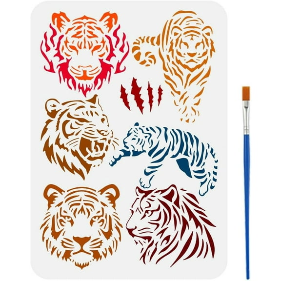 Tiger Motif Stencil with a Paint Brush 8.3x11.7inch Flaming Tiger Head Stencil Hunting Tiger Painting Stencil Leaping Tiger Silhouette Templates for Wall Tiles Floor Paper Furniture