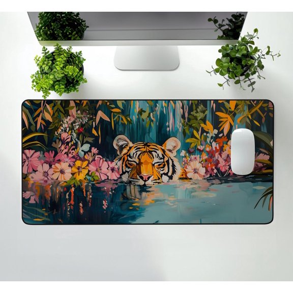 Tiger Mouse Pad Floral Jungle Desk Mat Xl Tiger Desk Pad For Office Gaming Vibrant Wildlife Animal Mousepad Gift Idea