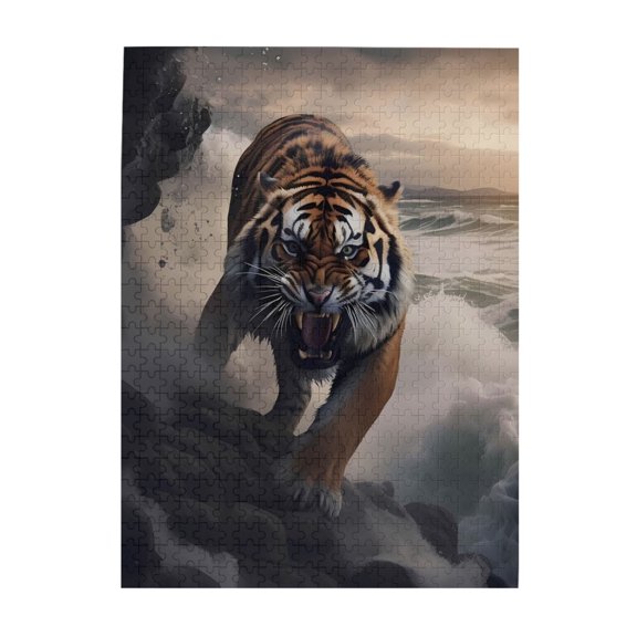 Tiger Ocean Waves Storms Rocks 500-Piece Wooden Jigsaw Puzzle for Adults, Fun & Challenging Family Game, Stylish Wall Decor & Holiday Gift