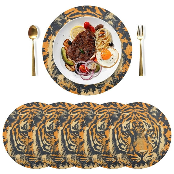Tiger Or Face Black Round Placemats Plate Mats 15 Inch Non-Slip Heat Resistant Washable PVC Set Indoor for Kitchen Dining Table 1PC
